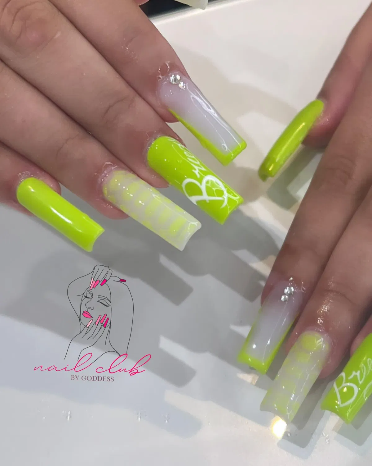 Coffin neon green mix with white translucent accents