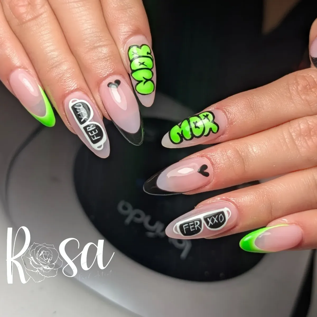 Neon green graffiti lettering on nude base