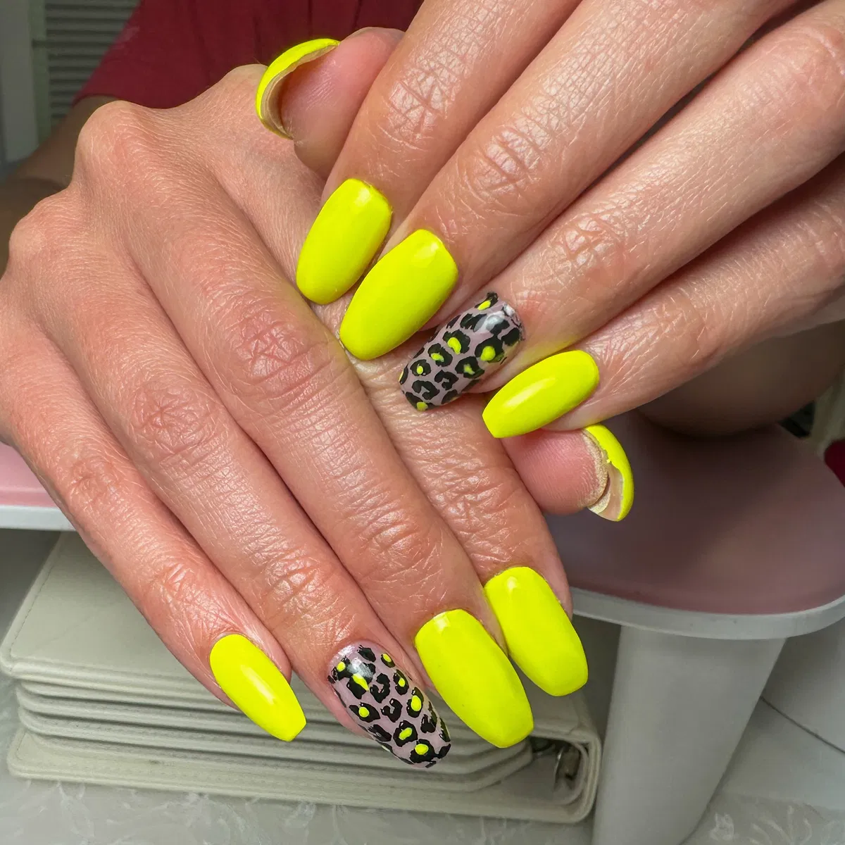 Neon Yellow With Leopard-Spot Accent Nails