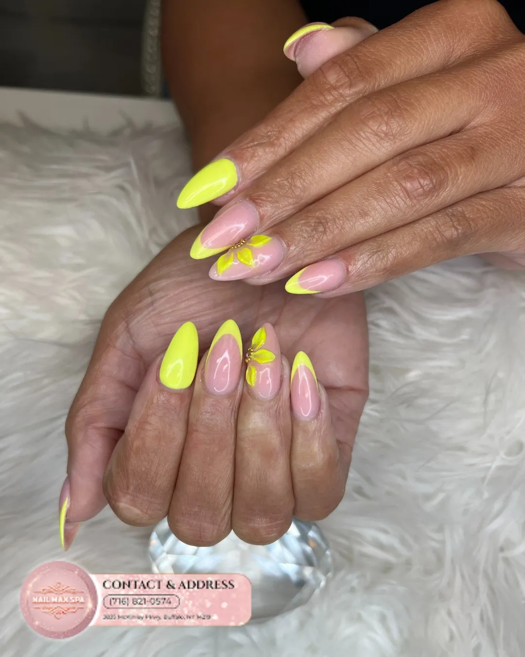 Neon Yellow French Tips With Raised Yellow Flower Accents