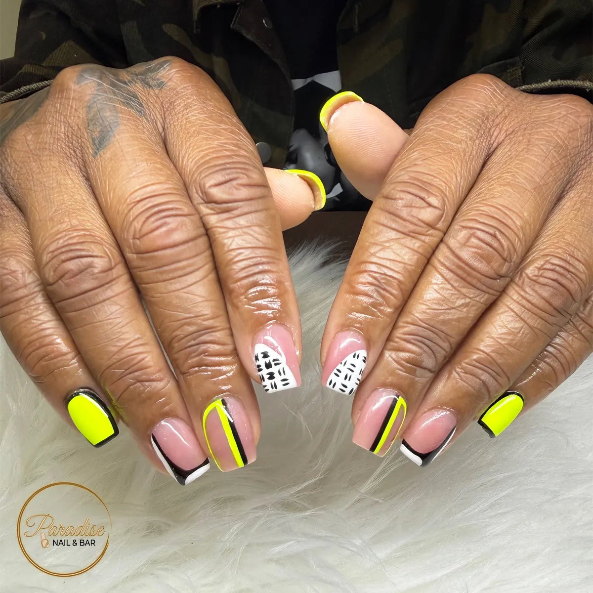 Neon Yellow With Black-and-White Linework on Square Nails
