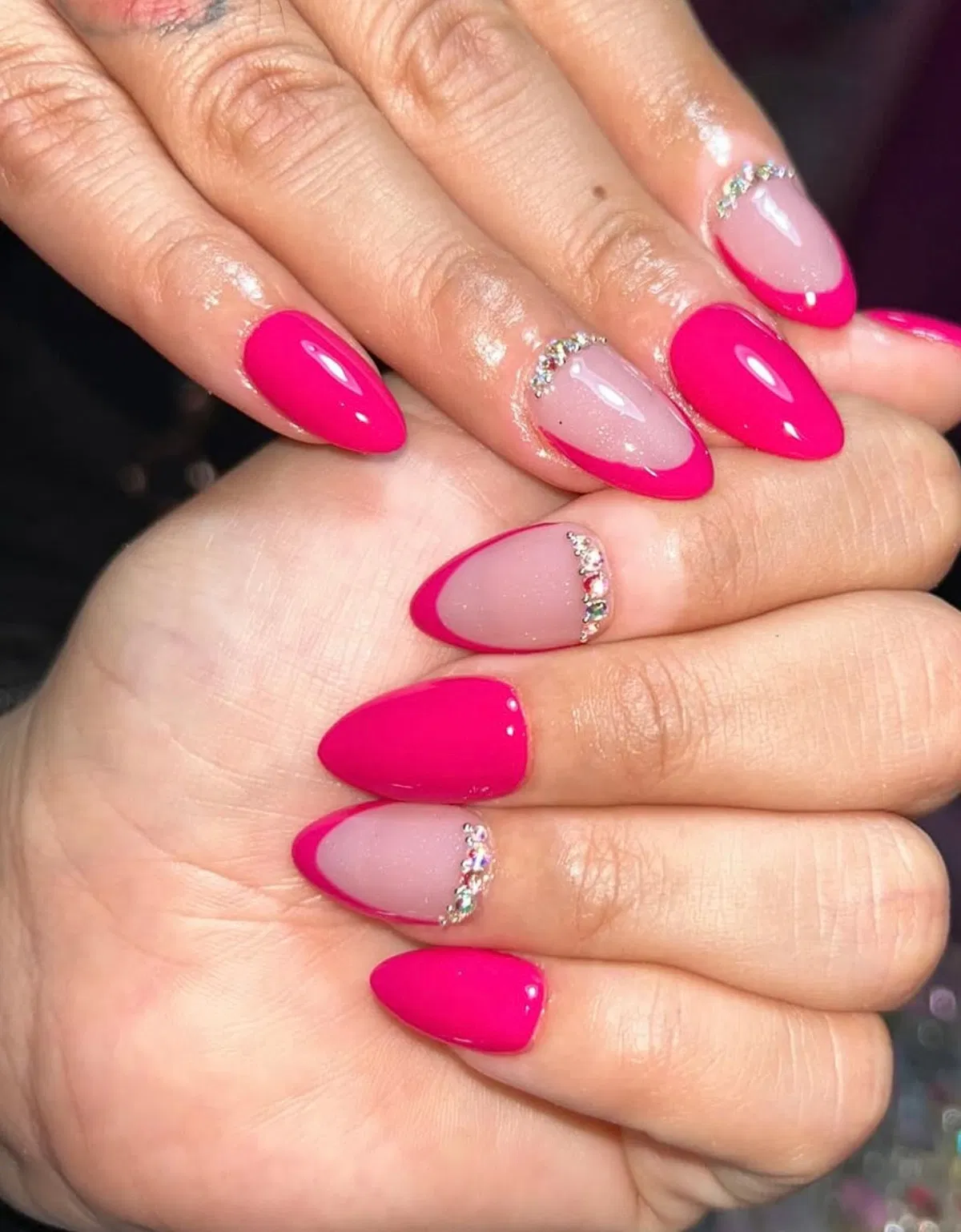Hot pink solids and pink French tips with gem arcs