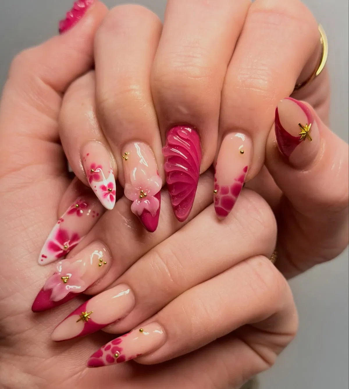 Deep Pink Swirls with Gold Studs and Star Charms