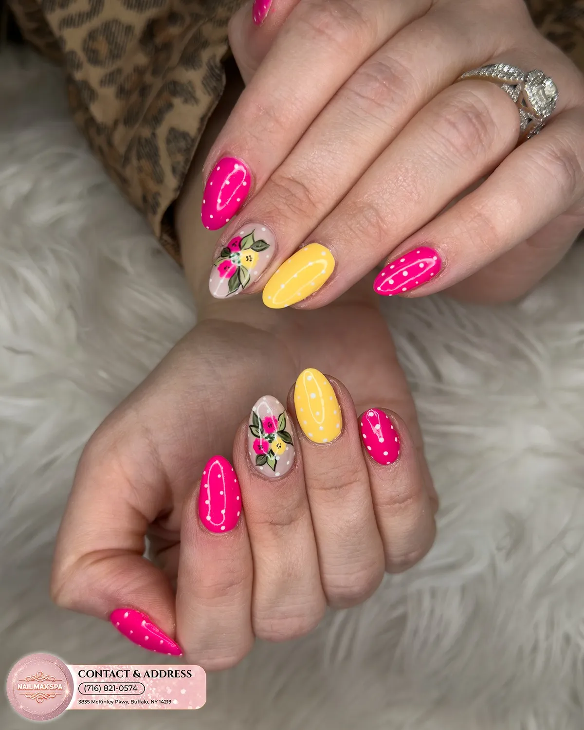 Hot pink dots with yellow and floral accent nails
