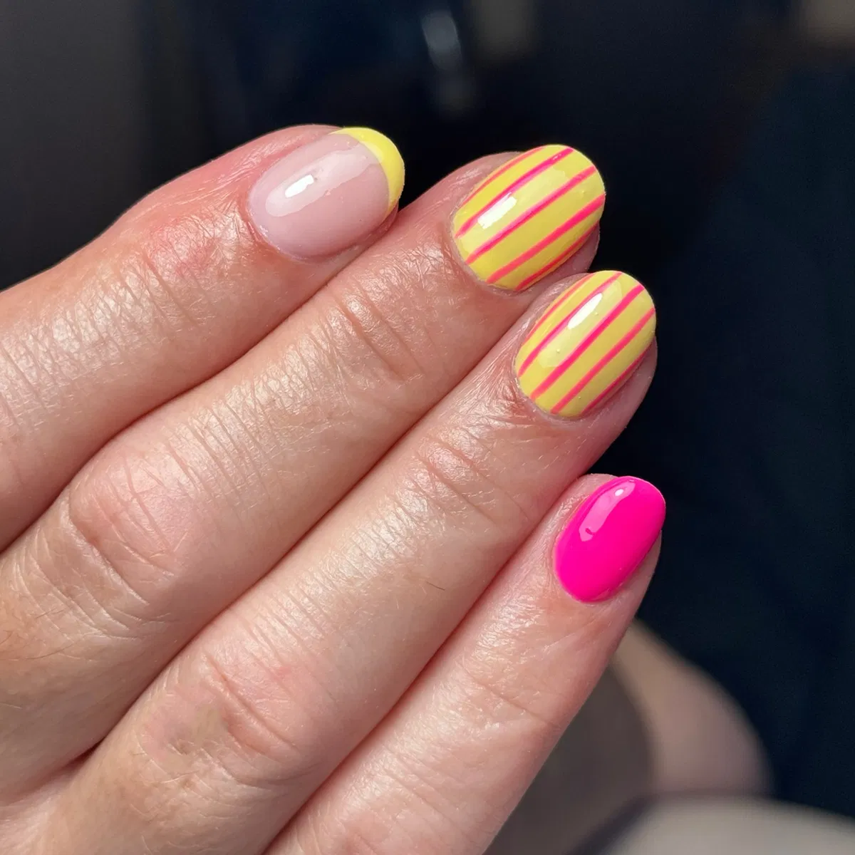 Yellow-and-pink stripes with a minimal yellow French tip