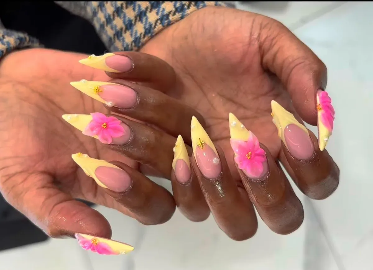 Angular pale-yellow tips with raised pink flowers