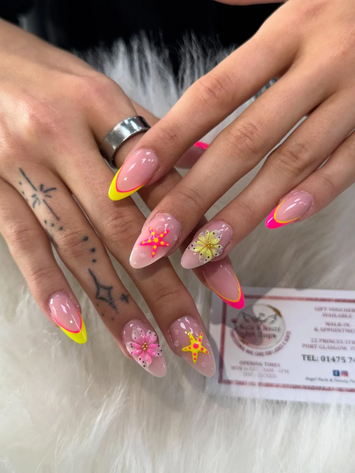 Outlined neon French tips with raised starfish and flowers