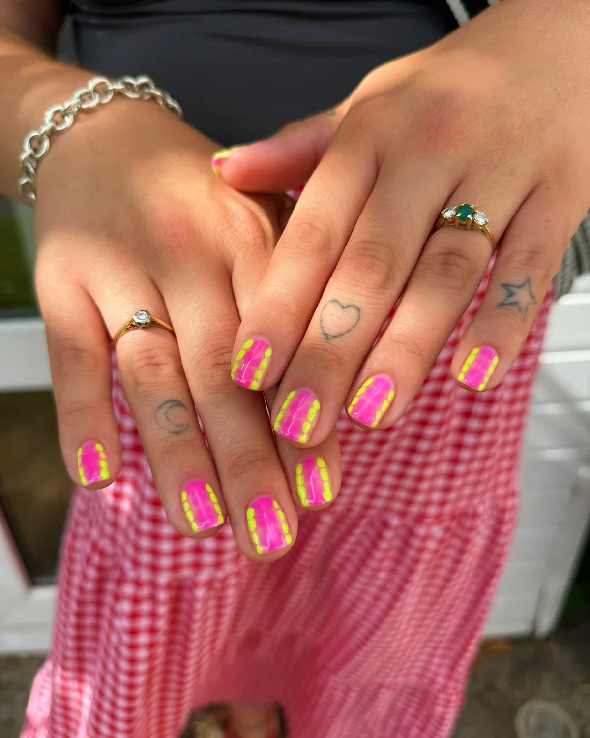 Hot pink stripes with neon yellow dotted side borders