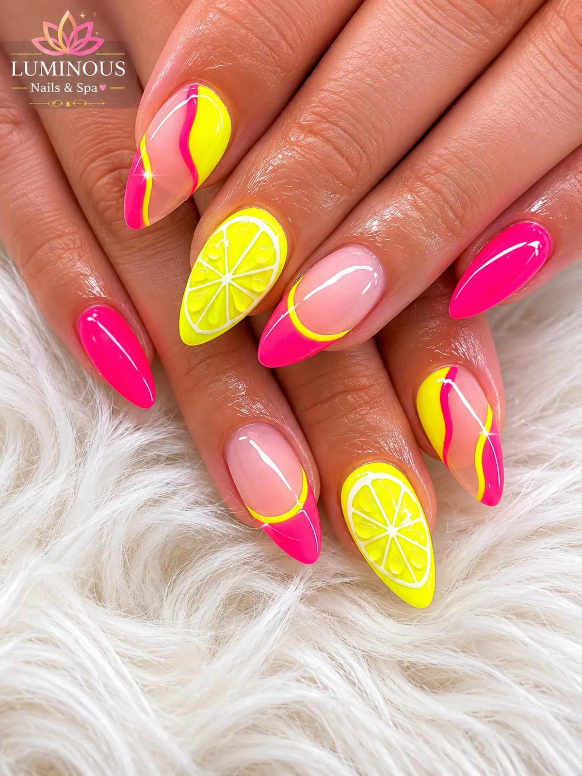 Hot pink and neon yellow with raised lemon-slice accents
