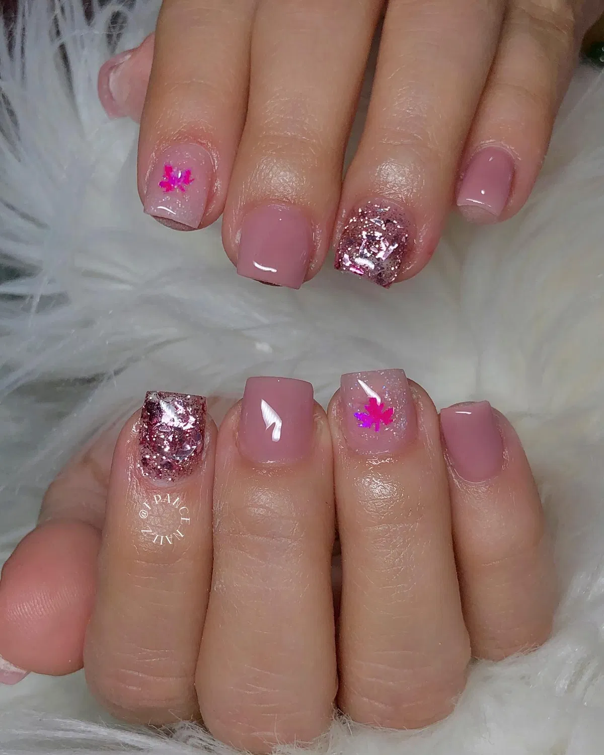 Mauve-pink with glitter accents and bright pink leaf silhouettes