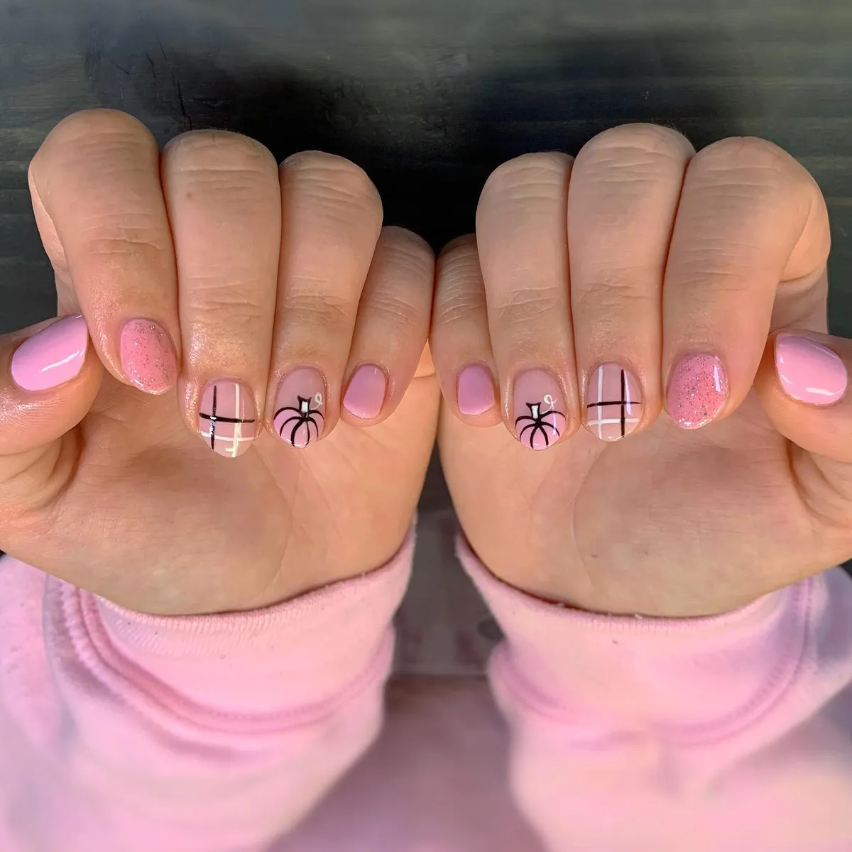 Light pink set with plaid, pumpkin outlines, and glitter accents