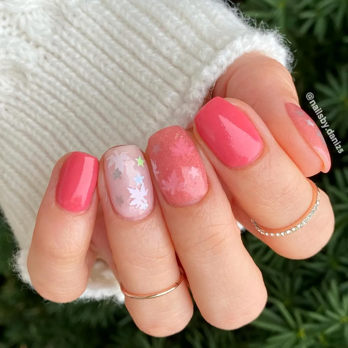 Coral pink with leaf silhouettes and star accents