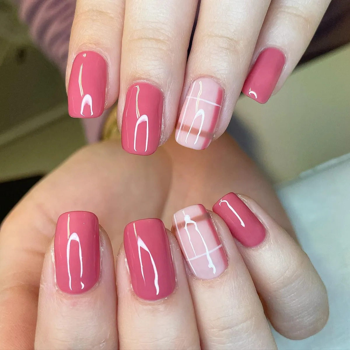 Medium pink solids with soft plaid accent nails