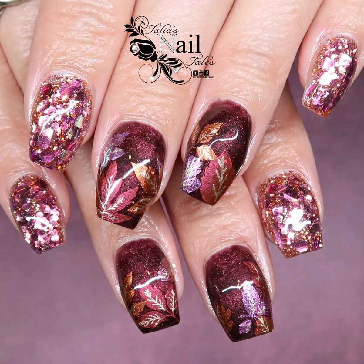 Burgundy metallic motif art with chunky pink-copper glitter