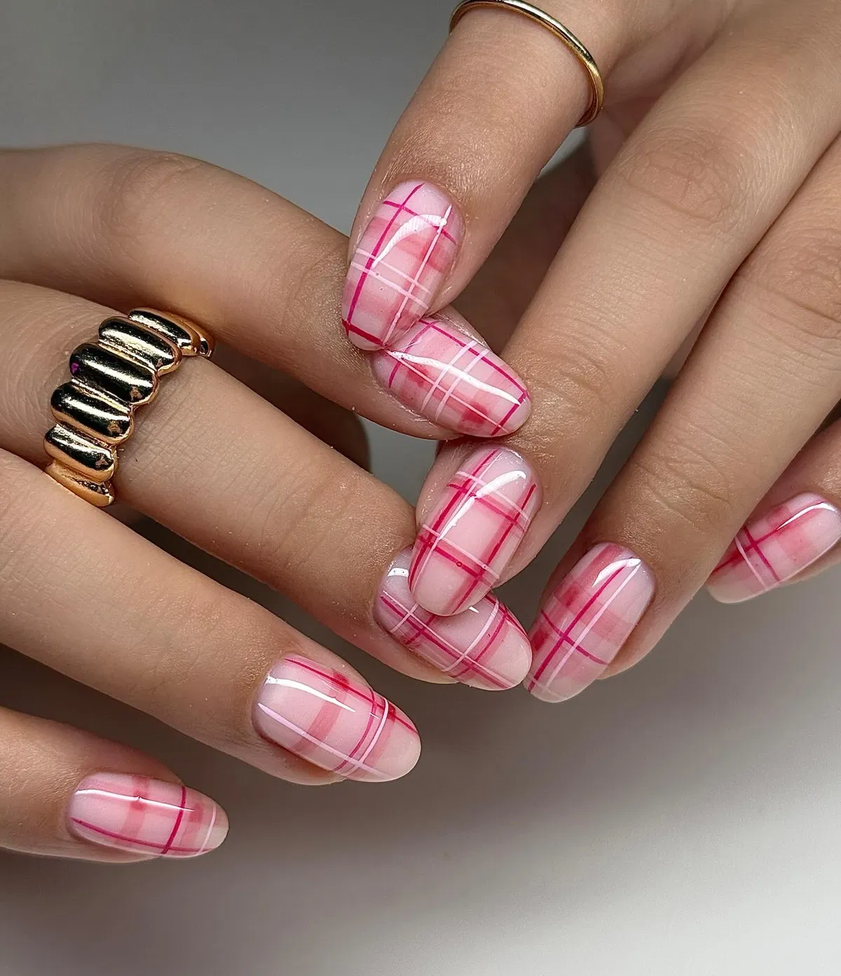 Soft pink plaid with layered linework