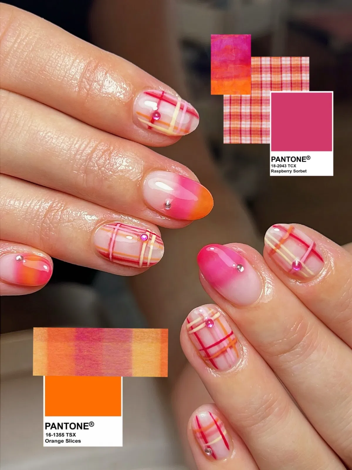Pink-orange plaid with gradient and Pantone callouts