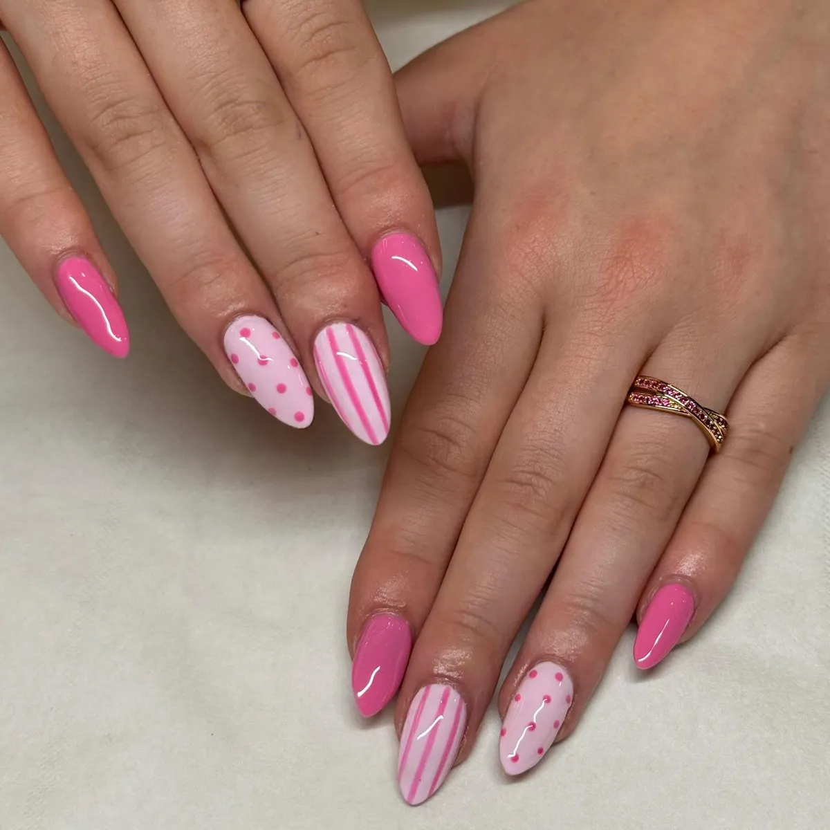 Bright pink set with striped and dotted accents