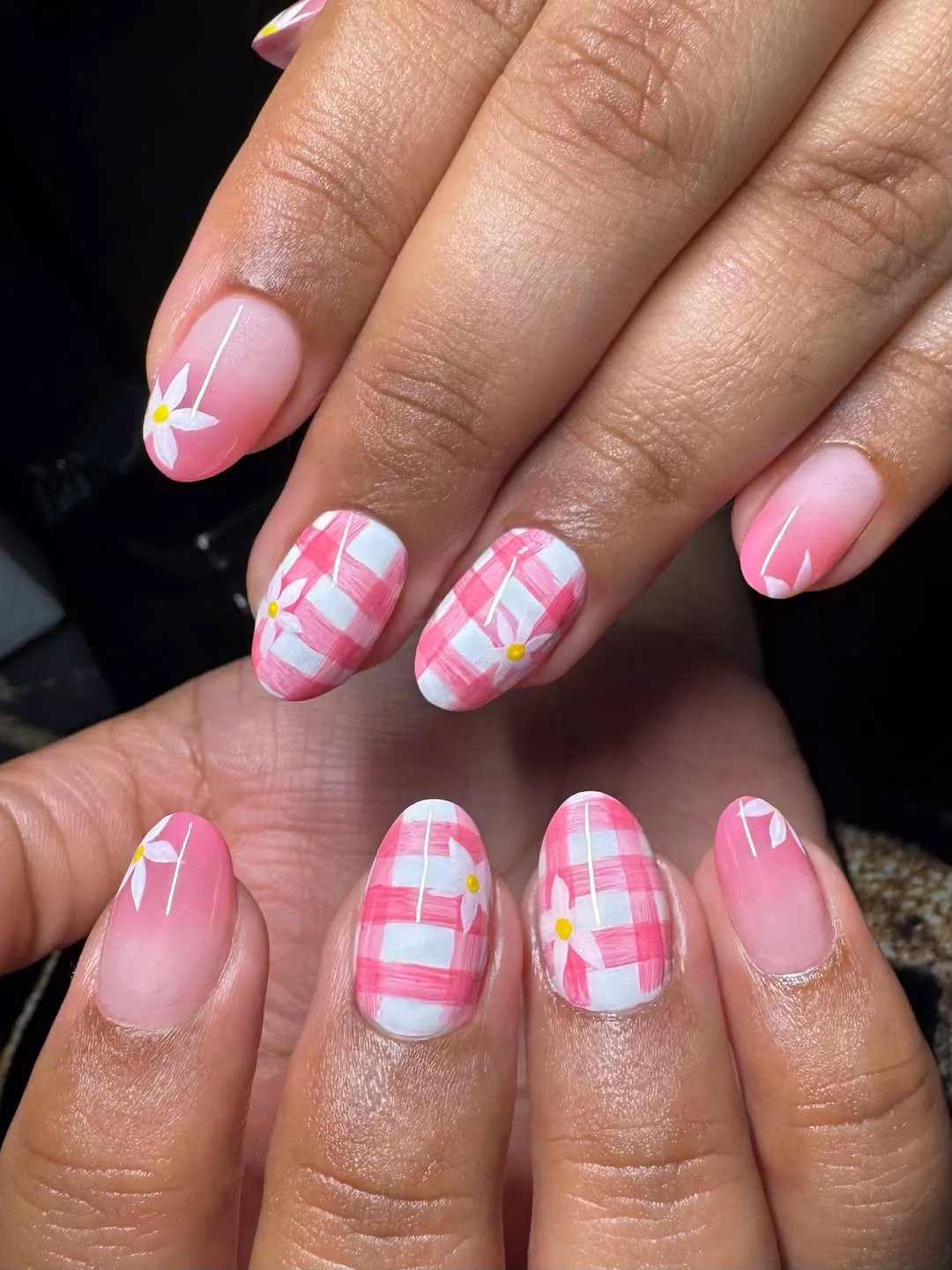 Pink-and-white plaid with daisy accents