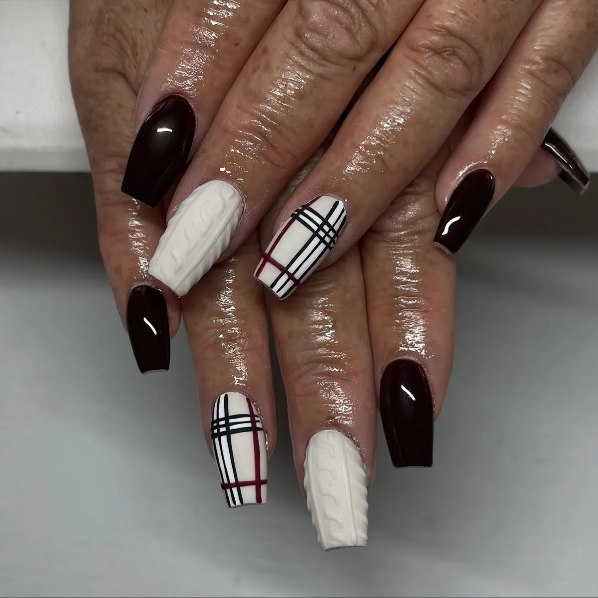 Deep brown with plaid grid and raised knit accents