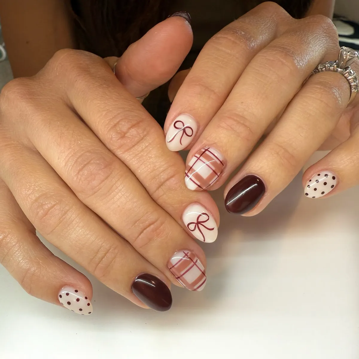 Burgundy line plaid with bows and polka dots