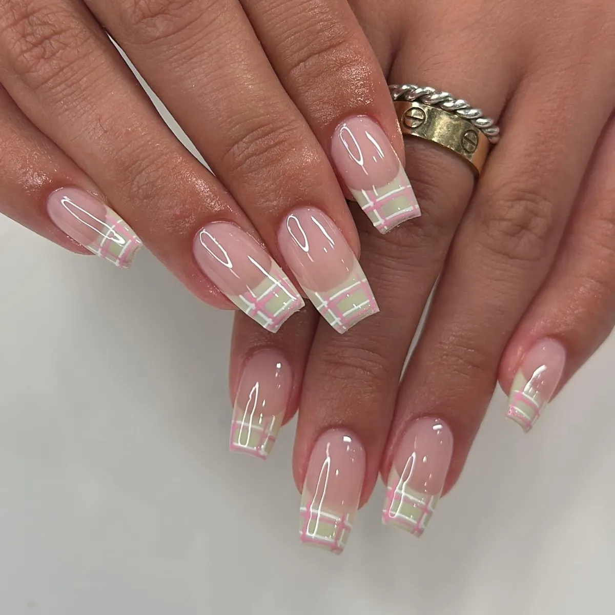 Sheer Pink with Plaid-Tipped French Design