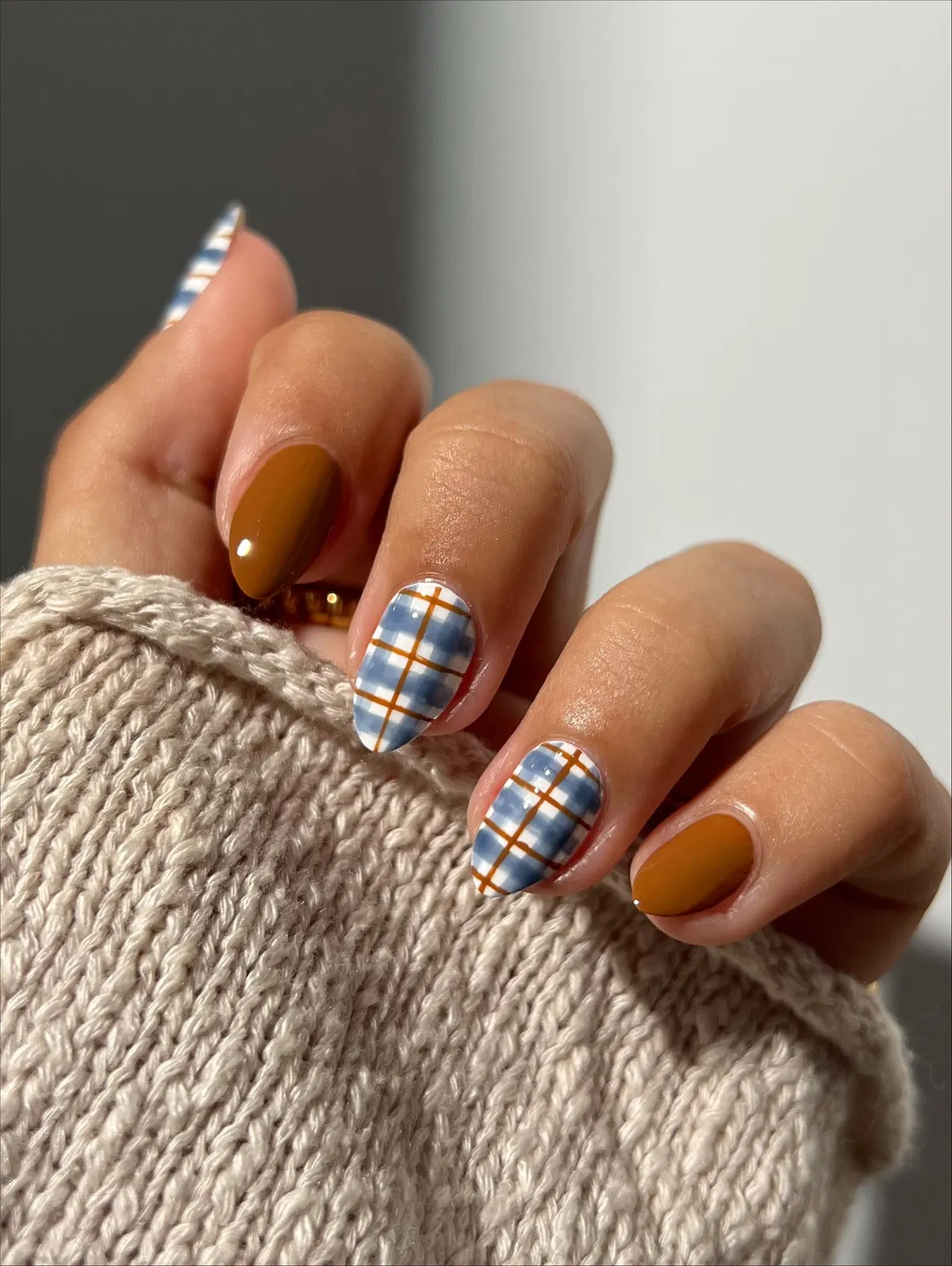 Blue-and-orange plaid with mustard solids