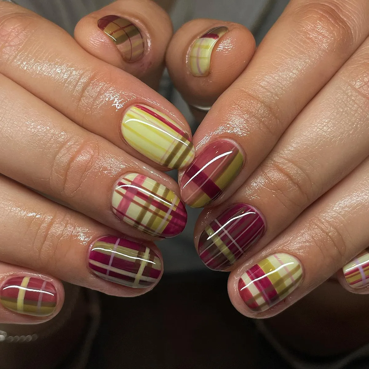 Multicolor plaid mix in pink, olive, and cream