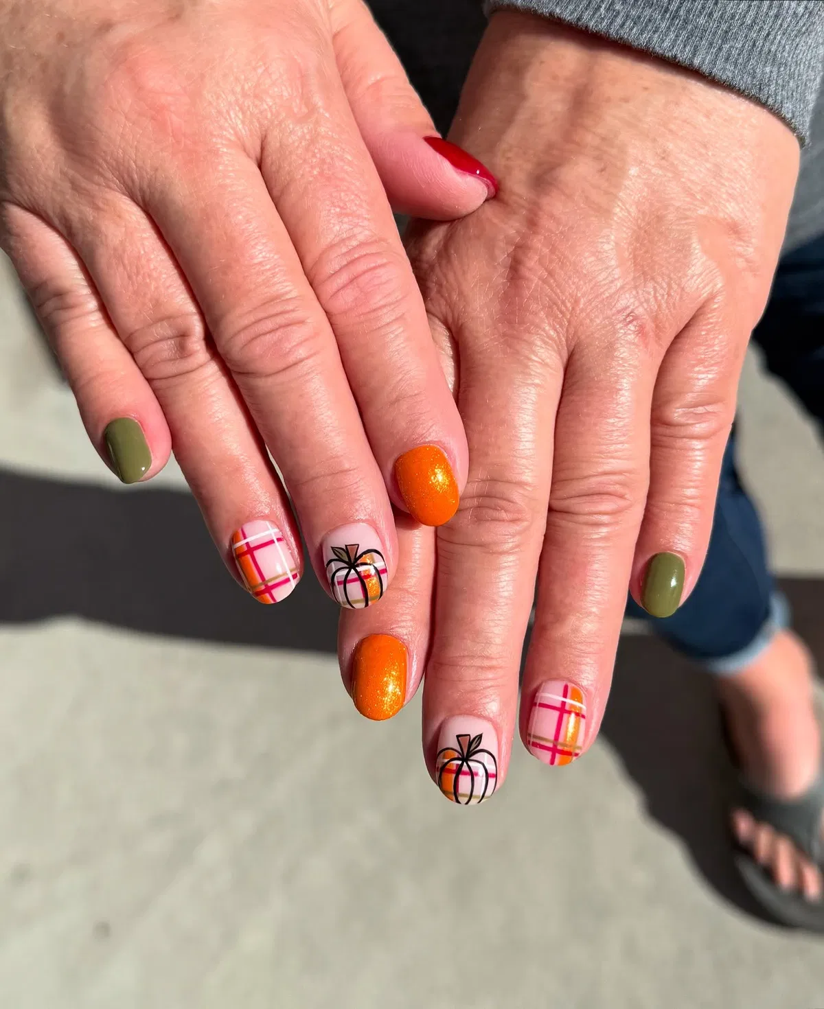 Orange shimmer with plaid accents and pumpkin outlines