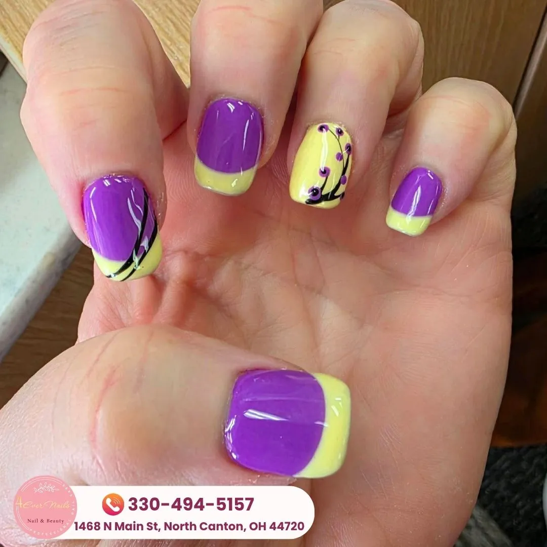 Purple with pale yellow tips and black line accents
