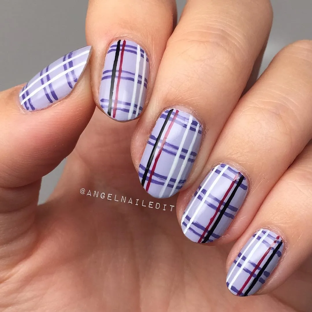 Lavender plaid with black and red stripe accents