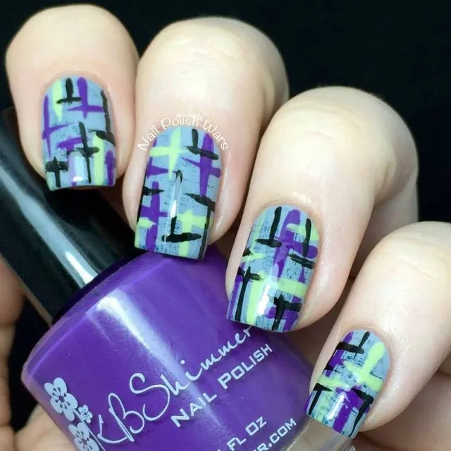 Brushstroke plaid in purple, black, and green with visible polish bottle