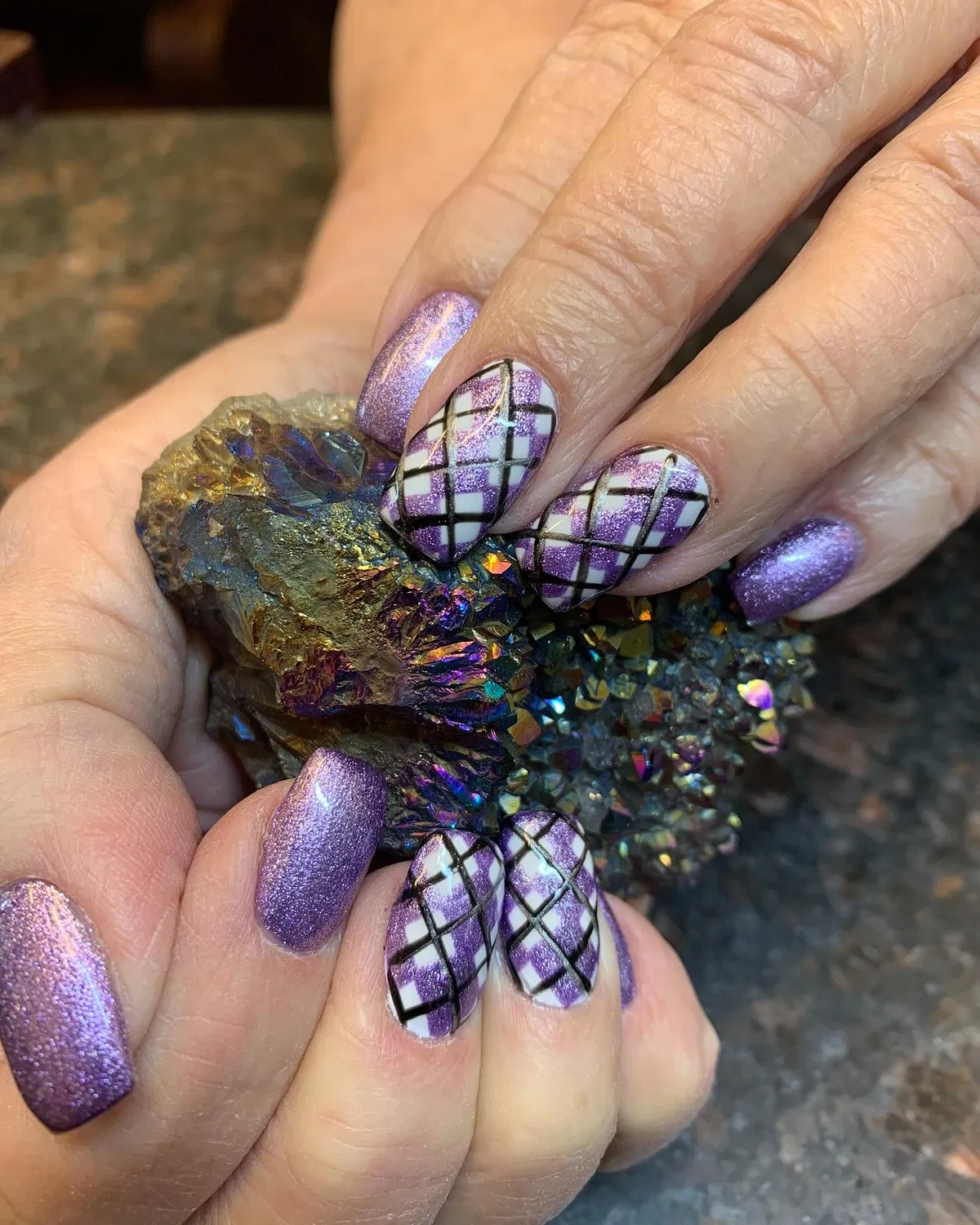 Shimmery purple solids with black-lined plaid accents