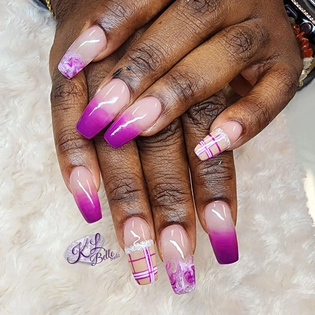 Nude-to-purple ombrรฉ with plaid and marbled purple accents