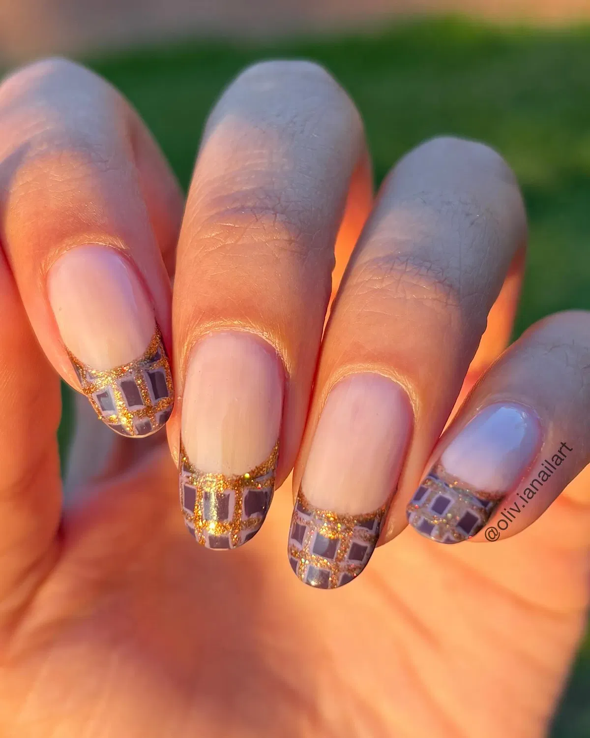 Gold grid French tips with purple and gray blocks