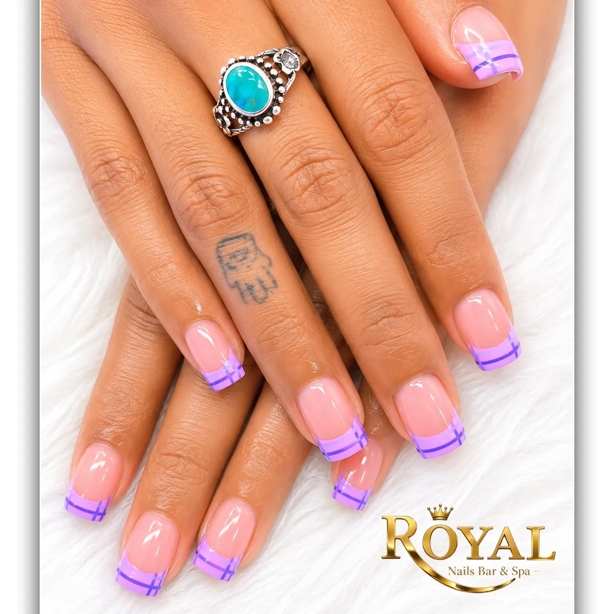 Nude base with purple French tips and fine plaid lines