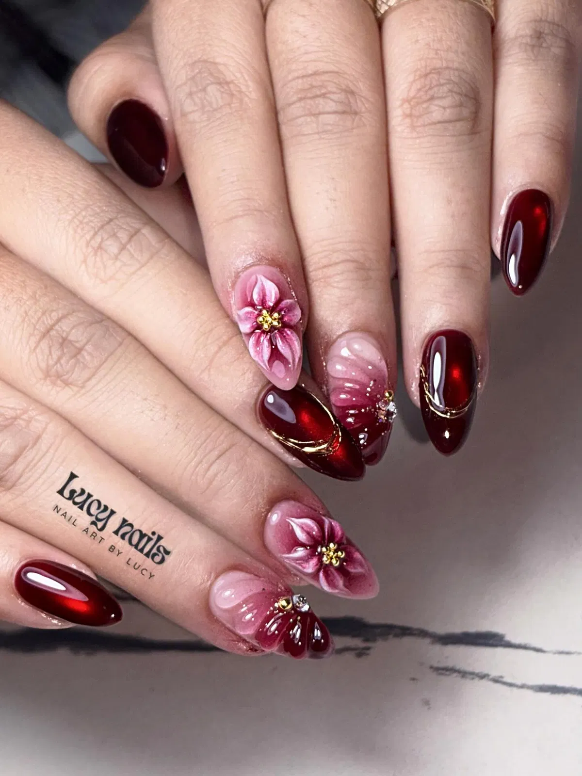 Burgundy aura mix with 3D flowers and gold accents