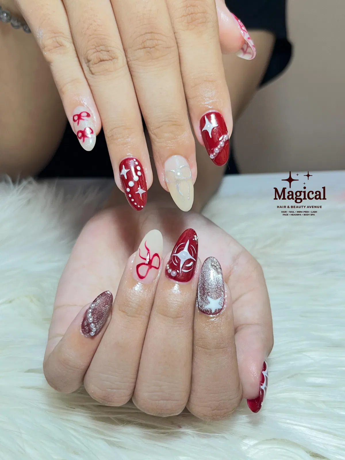 Red and cream mix with bows, stars, and pearl-like bead lines