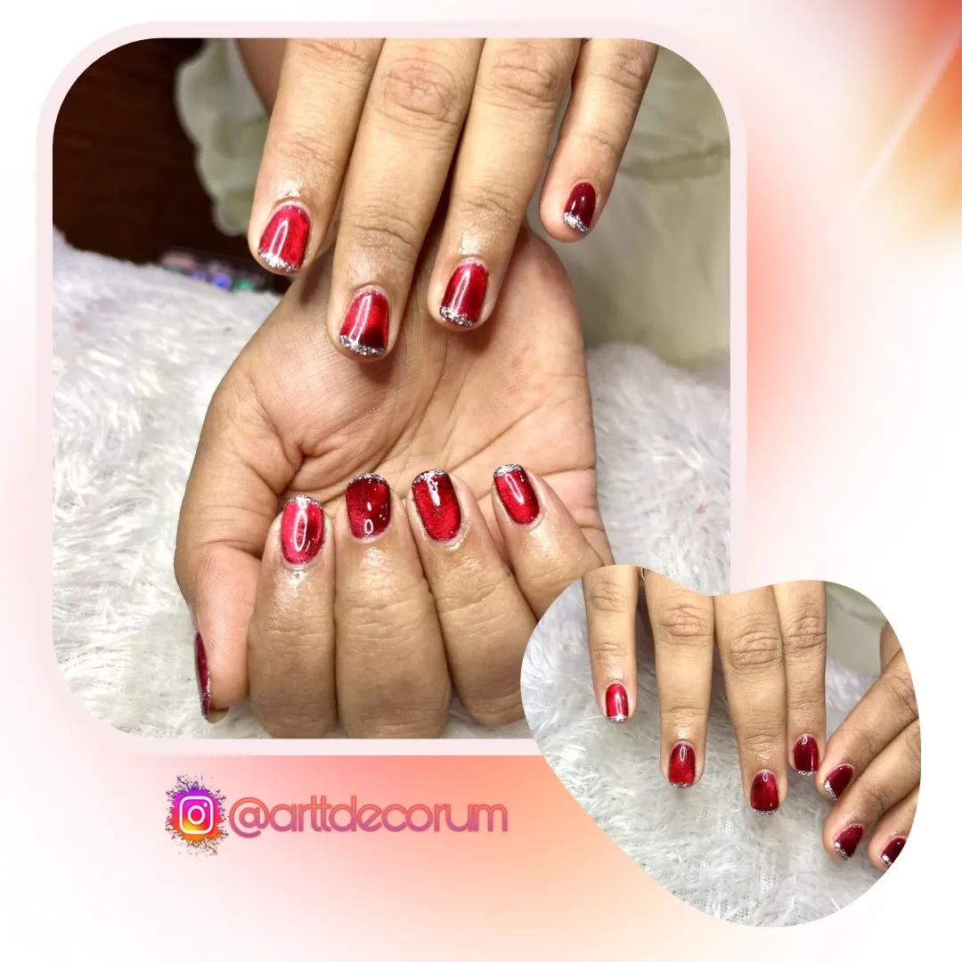 Short glossy red nails with silver glitter tips (collage with handle)