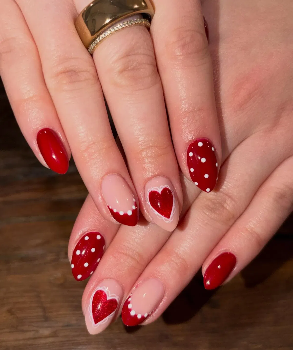 Red and nude mix with polka dots and heart accents