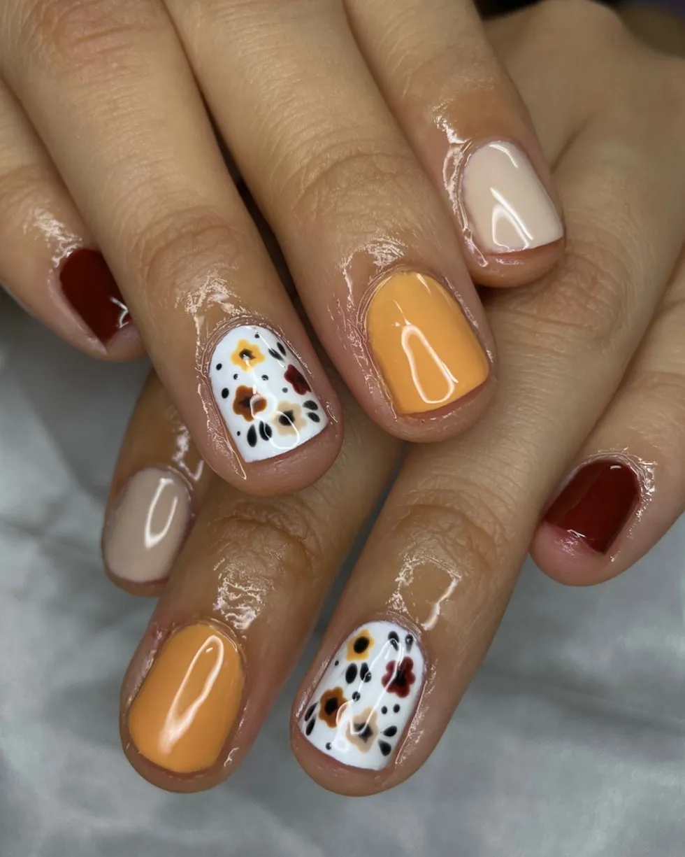 Mustard and burgundy with white floral-dot accents