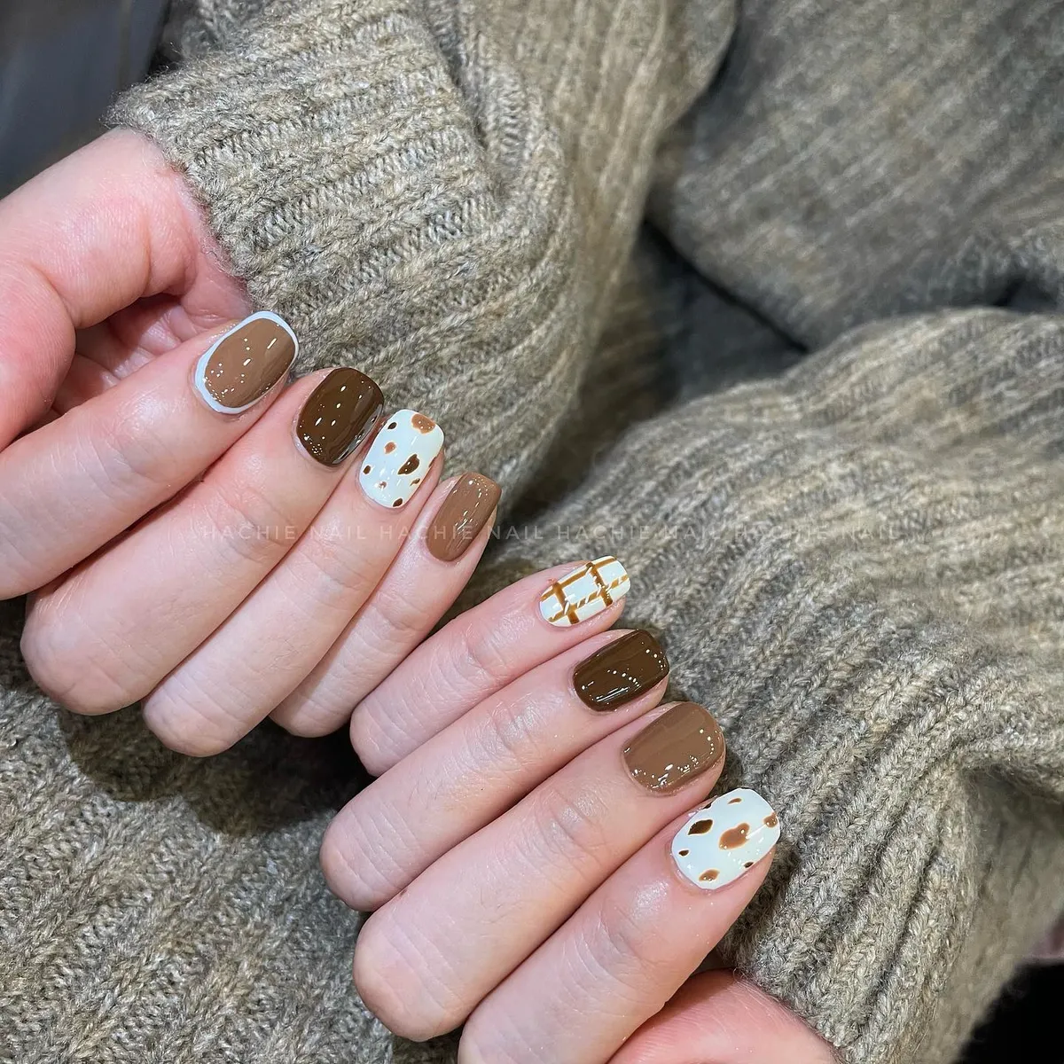 Brown mix with spotted white accents and grid