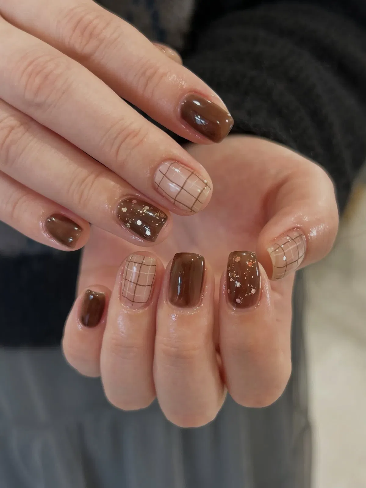 Chocolate Brown + Nude Grid with Flecked Accents