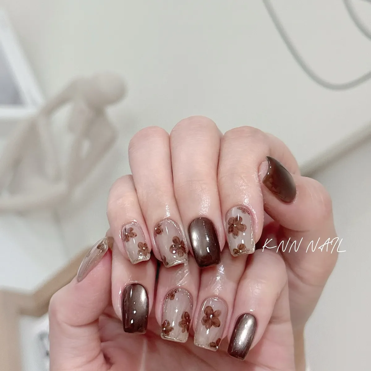 Brown Metallic Solids with Sheer Floral Nails