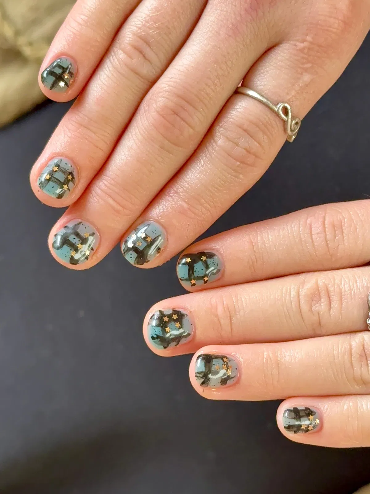 Muted Teal Plaid with Gold Star Confetti
