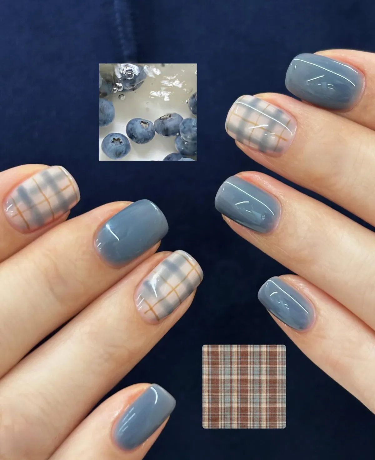 Blue-Gray Nails with Soft Gray-and-Tan Plaid Accents