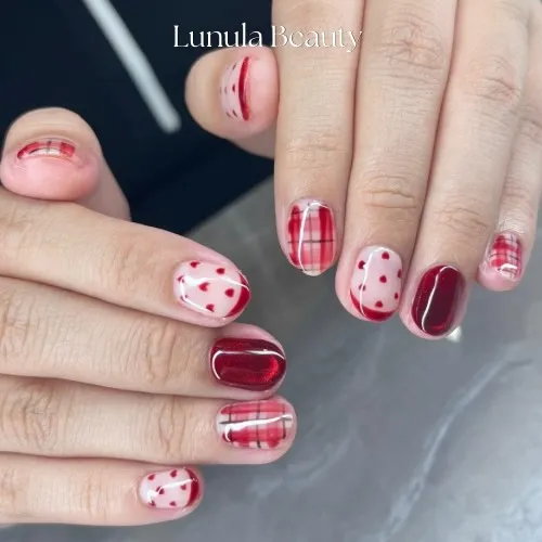 Red Plaid with Heart Accent Nails