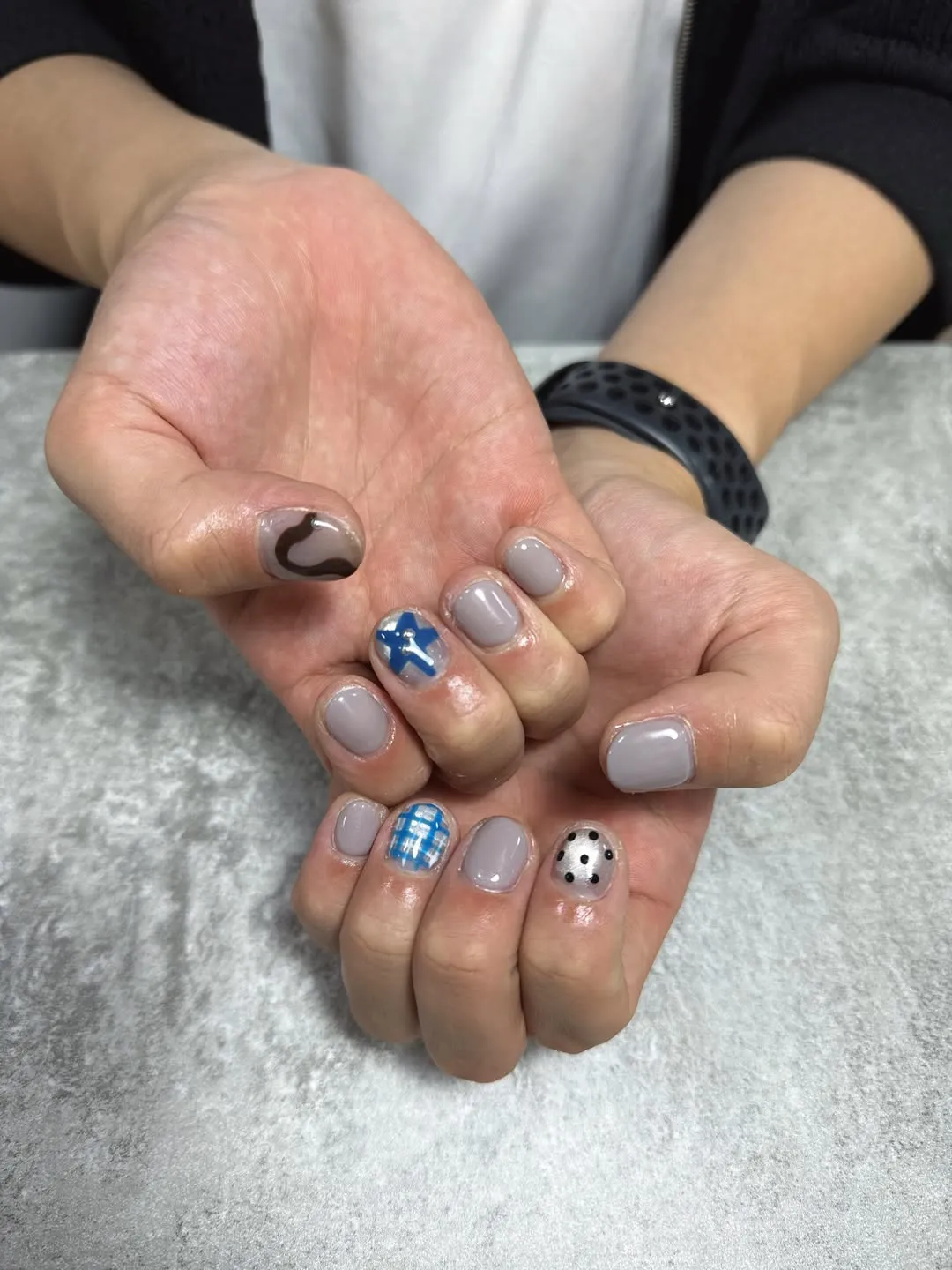 Light Gray Set with Blue Plaid and Graphic Accents