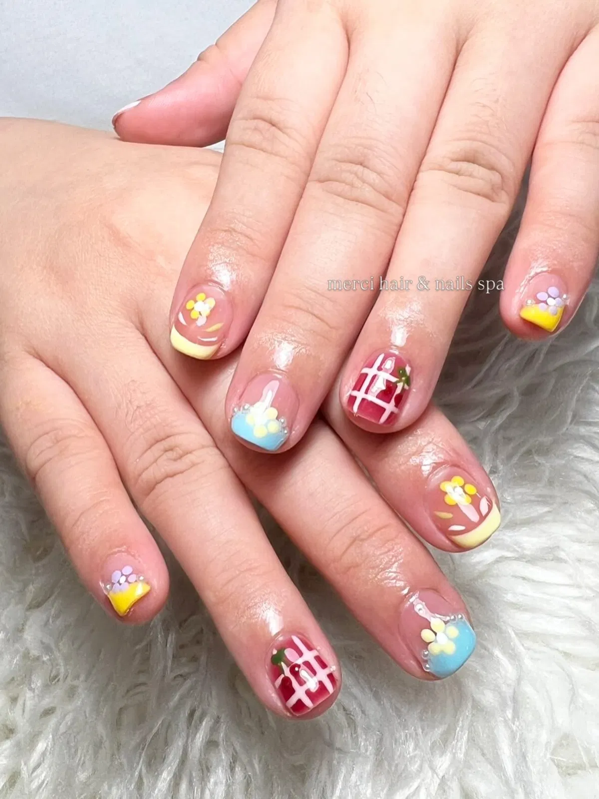 Red Plaid Accent with Pastel Floral French Tips