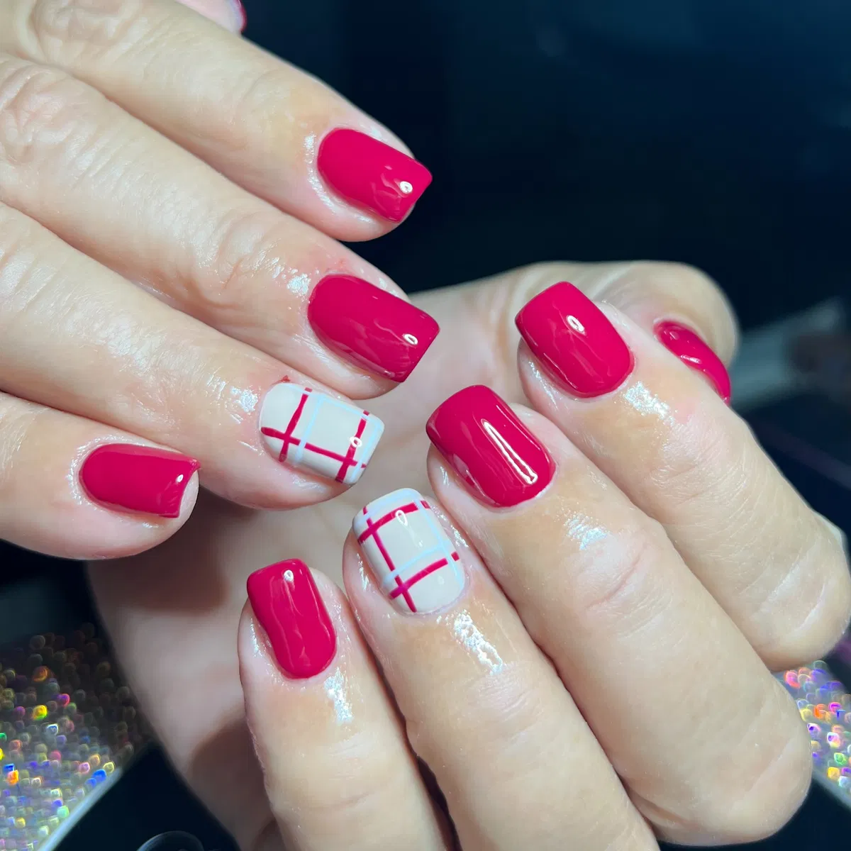 Hot Pink Nails with White Plaid Accent Nails