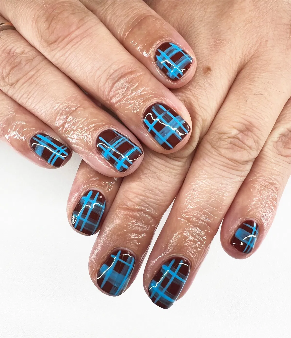 Dark Brown Base with Bright Blue Plaid Lines